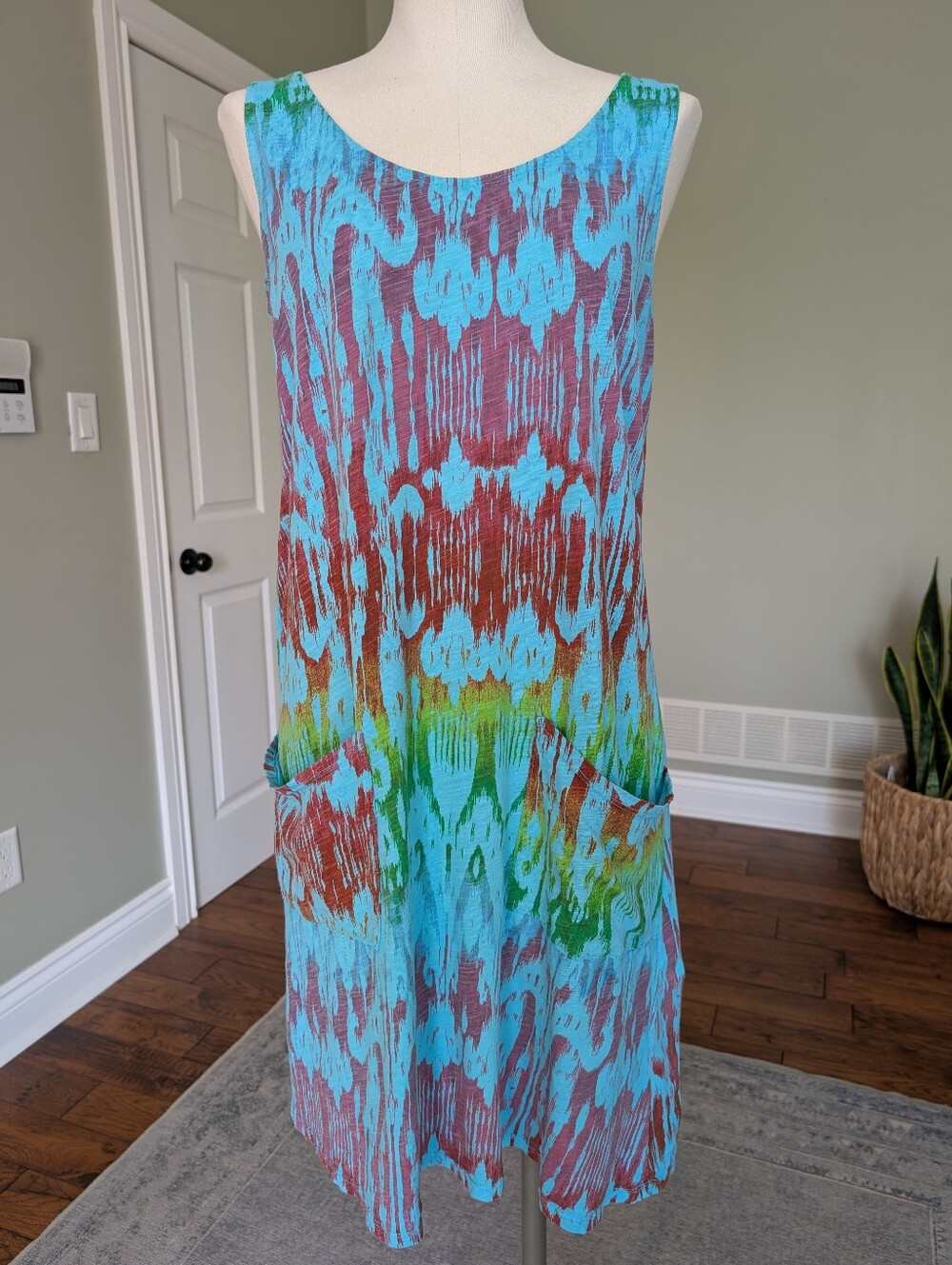 Fresh Produce Turquoise Dress USA Cotton Abstract Print Tank With Pockets M
